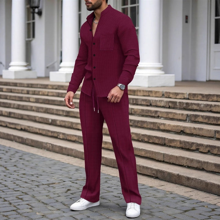 Ensemble homme chemise col mao et pantalon en tissu gaufré – Quentin - Rouge