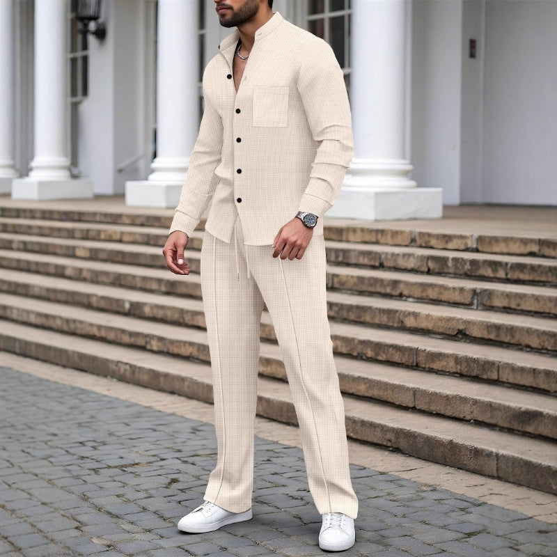 Ensemble homme chemise col mao et pantalon en tissu gaufré – Quentin - Kaki