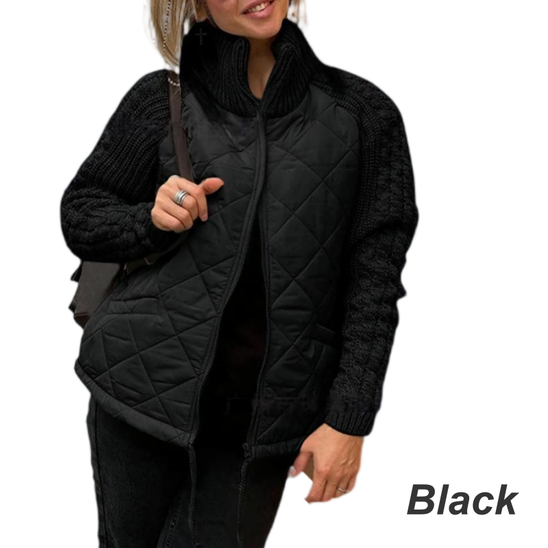 Veste matelassée femme à manches en grosse maille et col montant – Élise - Noir
