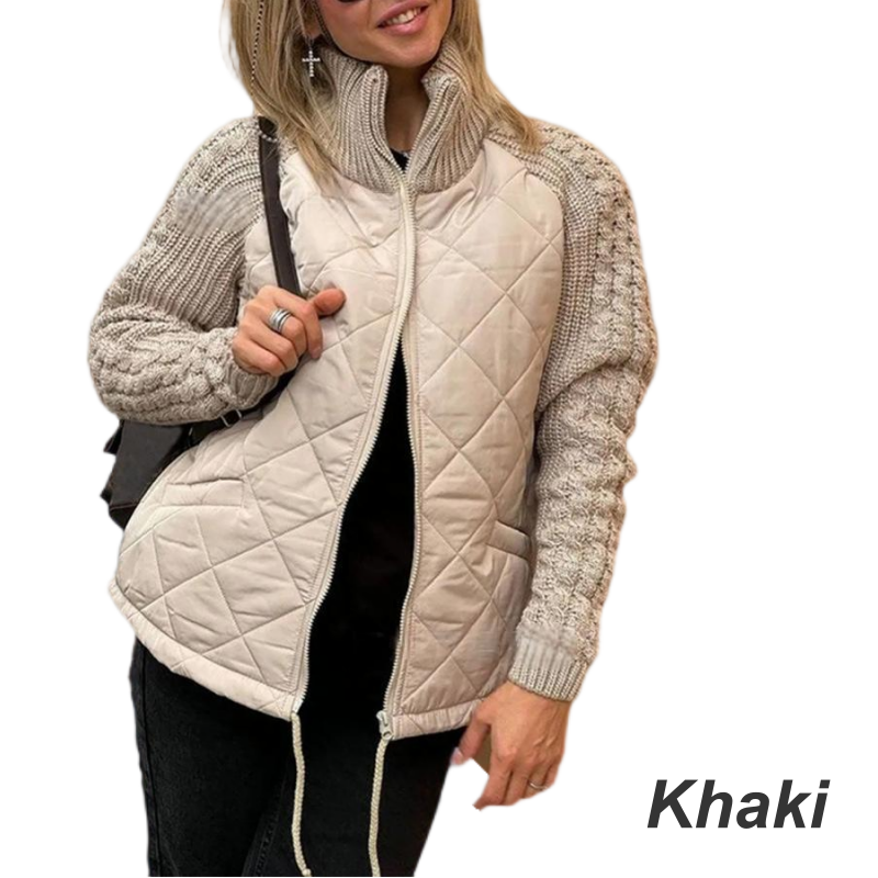 Veste matelassée femme à manches en grosse maille et col montant – Élise - Kaki