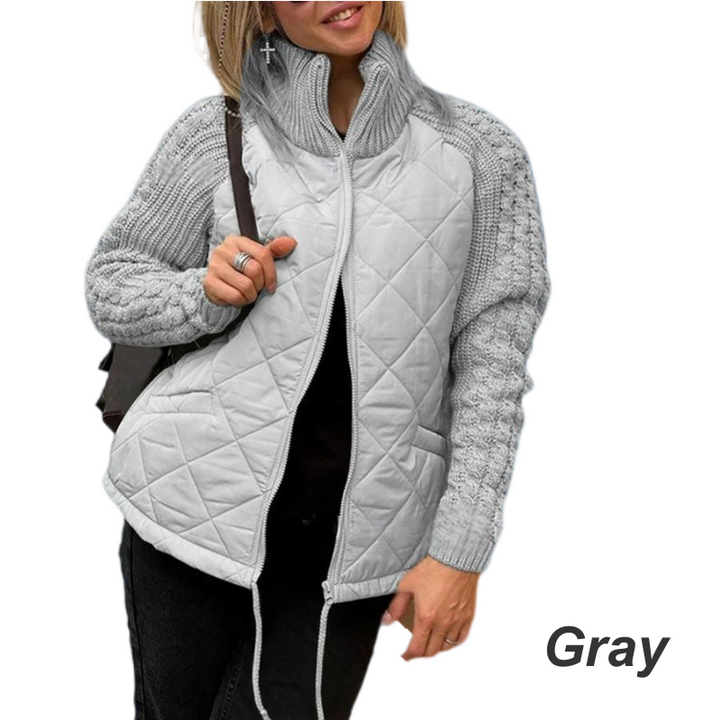 Veste matelassée femme à manches en grosse maille et col montant – Élise - Gris