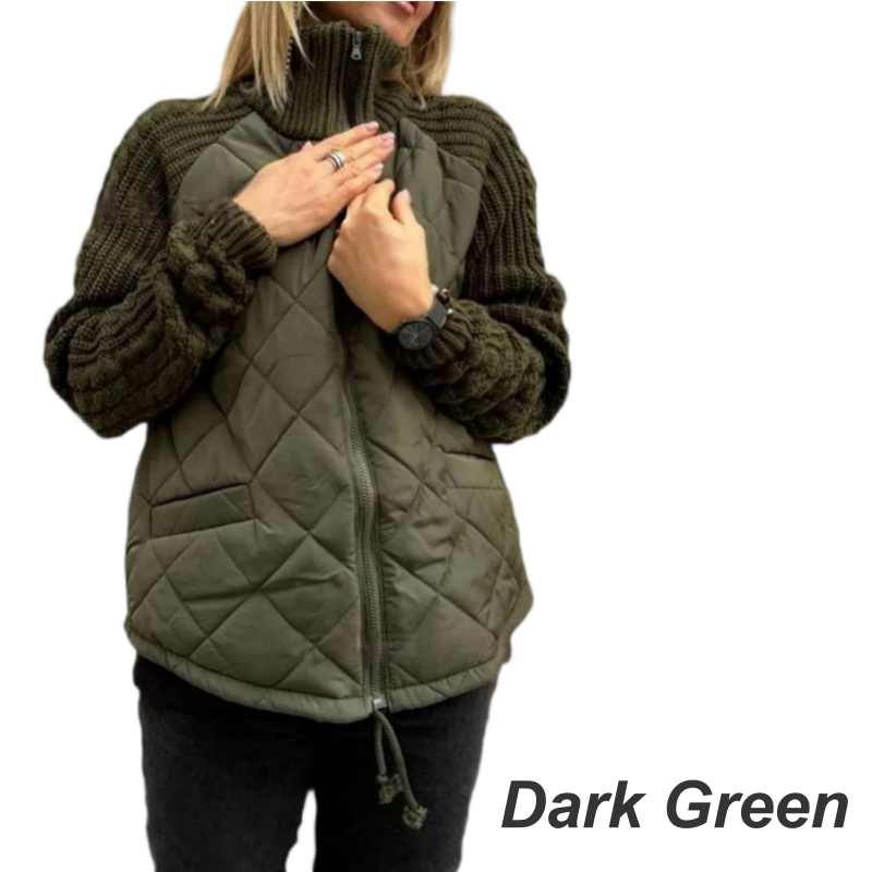 Veste matelassée femme à manches en grosse maille et col montant – Élise - Vert foncé