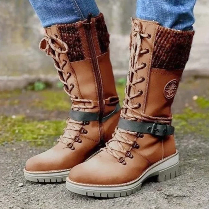 Bottes d'hiver femme à lacets avec revers en maille et semelle crantée – Solène - Marron
