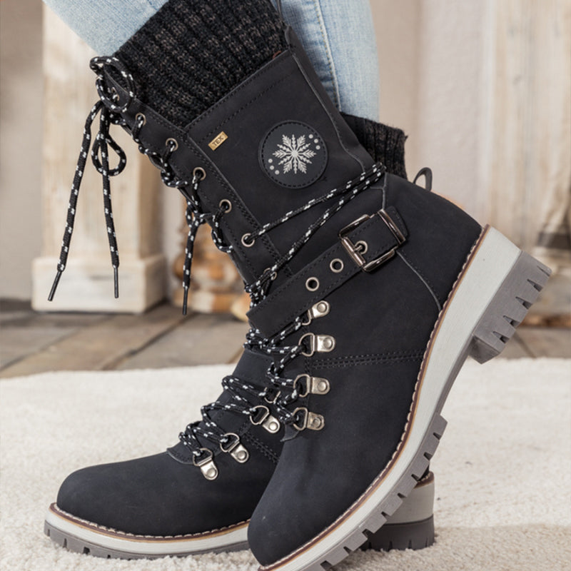 Bottes d'hiver femme à lacets avec revers en maille et semelle crantée – Solène - Noir