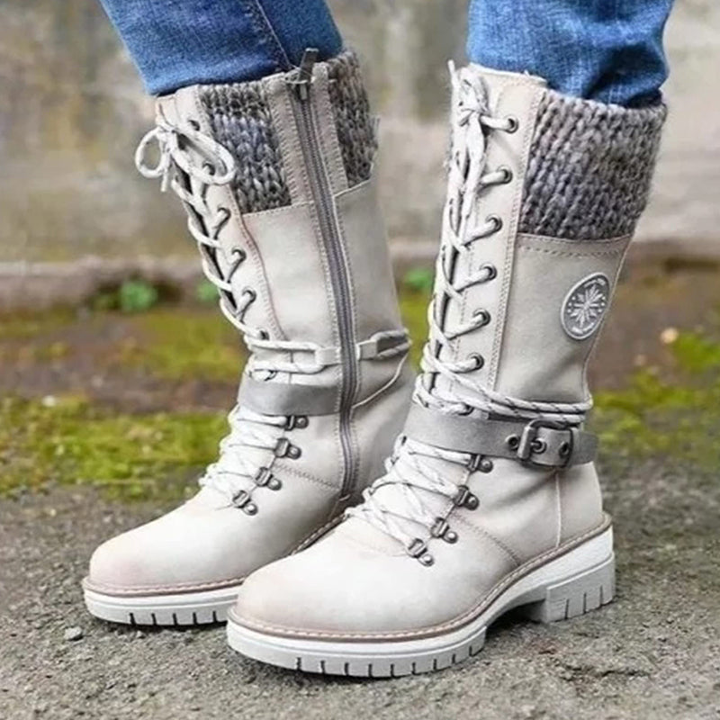 Bottes d'hiver femme à lacets avec revers en maille et semelle crantée – Solène - Blanc