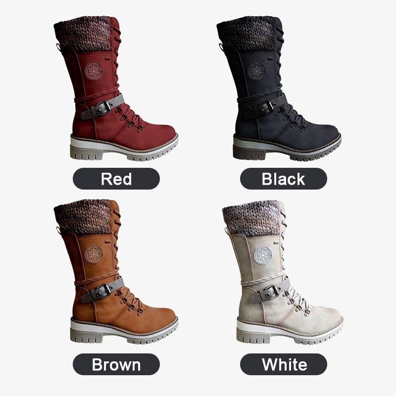 Bottes d'hiver femme à lacets avec revers en maille et semelle crantée – Solène - Rouge