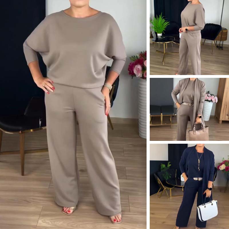 Ensemble 3 pièces femme long gilet, top et pantalon large en maille – Ophélie - vue 1