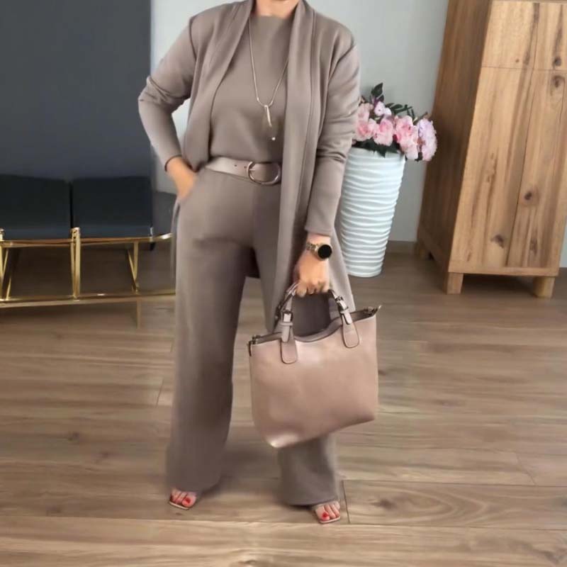Ensemble 3 pièces femme long gilet, top et pantalon large en maille – Ophélie - Marron