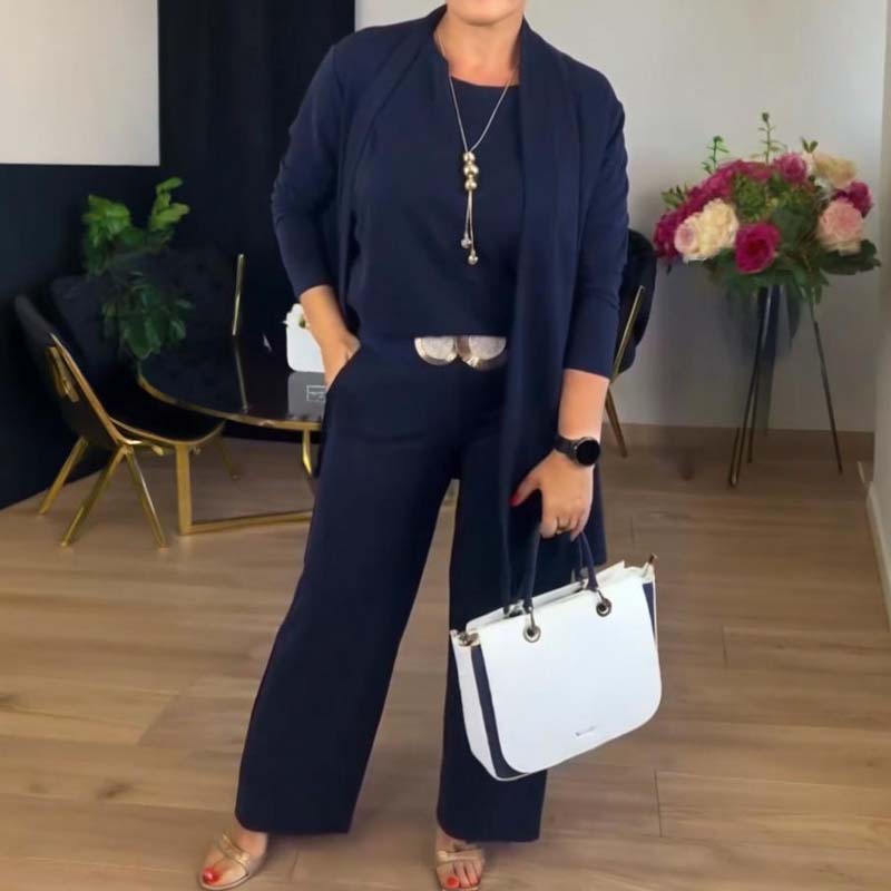 Ensemble 3 pièces femme long gilet, top et pantalon large en maille – Ophélie - Bleu marine