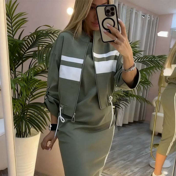 Ensemble femme veste bomber zippée et jupe crayon à bandes contrastées – Clémence - vue 1