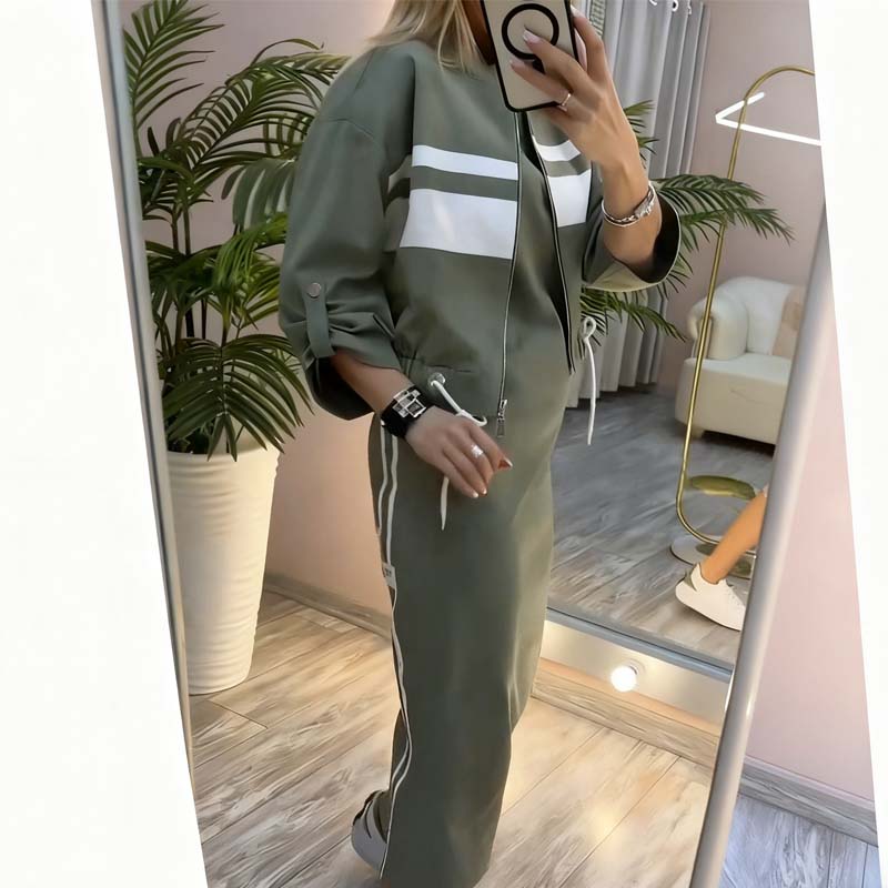 Ensemble femme veste bomber zippée et jupe crayon à bandes contrastées – Clémence - Vert