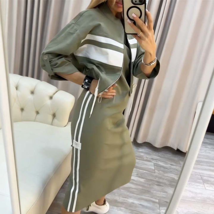 Ensemble femme veste bomber zippée et jupe crayon à bandes contrastées – Clémence - vue 5