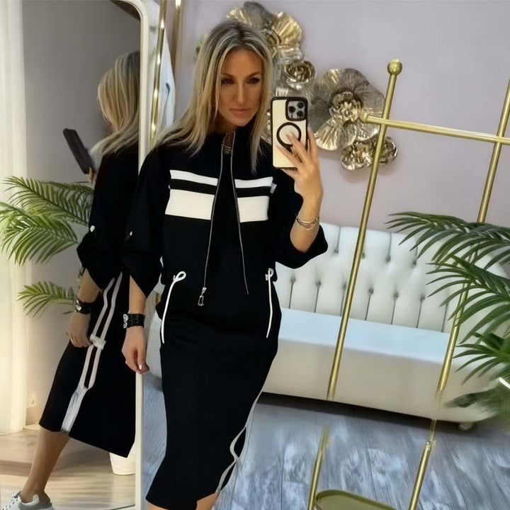 Ensemble femme veste bomber zippée et jupe crayon à bandes contrastées – Clémence - Noir