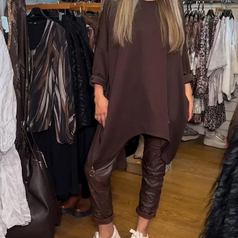 Ensemble femme tunique asymétrique oversize et pantalon ajusté – Amandine - Marron