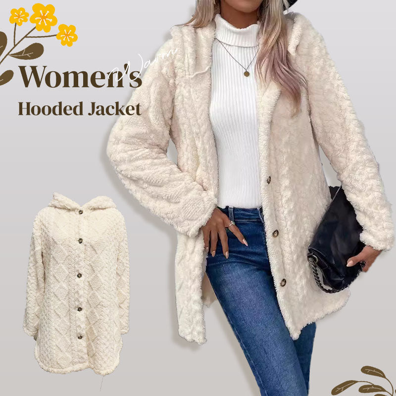 Veste femme peluche à capuche boutonnée motif torsadé – Rose - vue 1