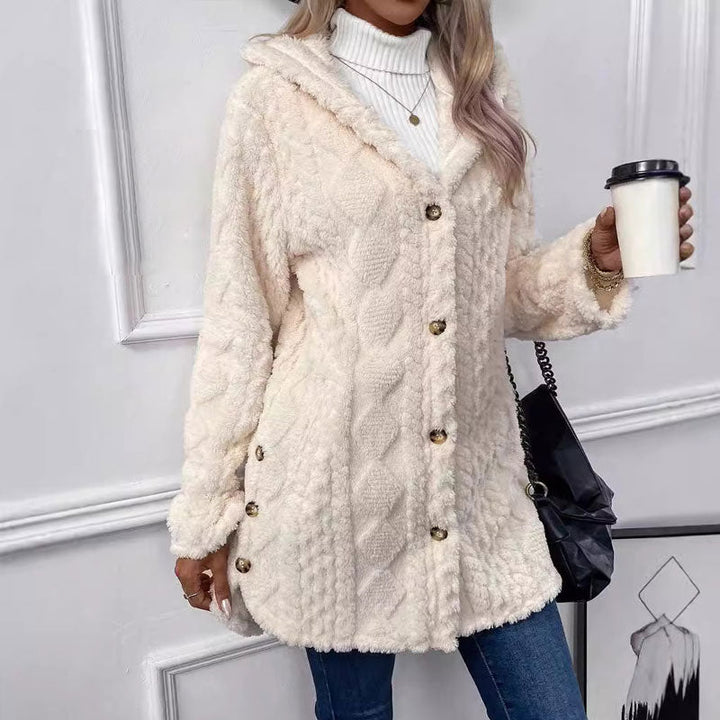 Veste femme peluche à capuche boutonnée motif torsadé – Rose - Blanc