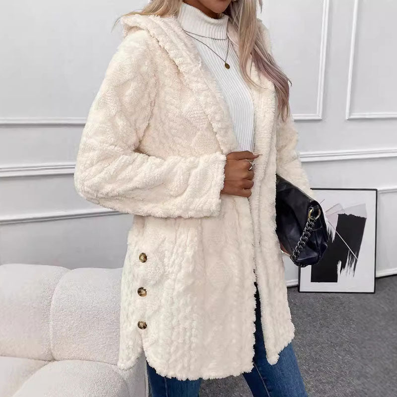 Veste femme peluche à capuche boutonnée motif torsadé – Rose - vue 3