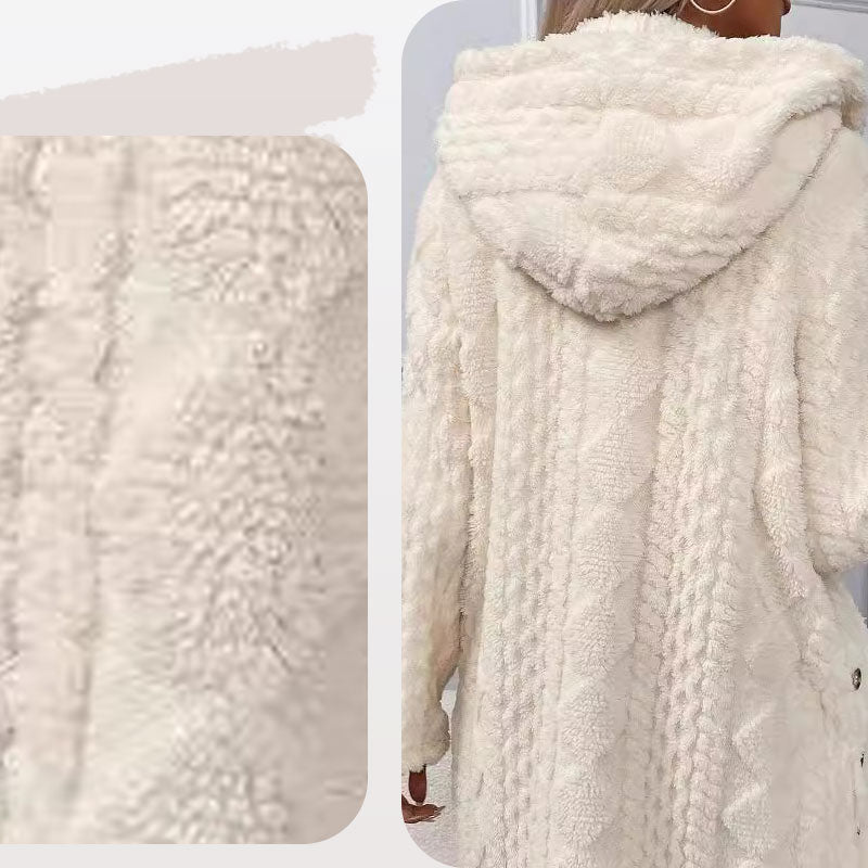 Veste femme peluche à capuche boutonnée motif torsadé – Rose - vue 7