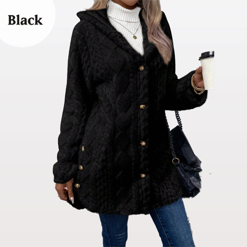 Veste femme peluche à capuche boutonnée motif torsadé – Rose - vue 10