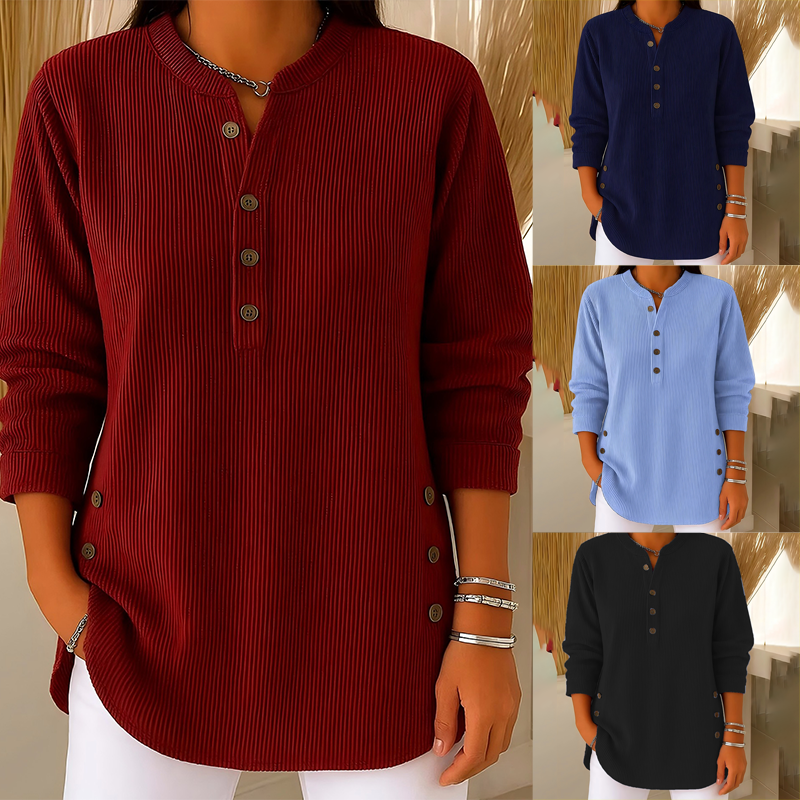 Haut henley femme en velours côtelé à boutons latéraux – Agathe - vue 1