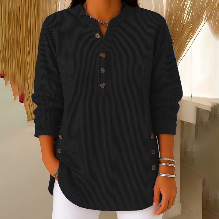Haut henley femme en velours côtelé à boutons latéraux – Agathe - Noir