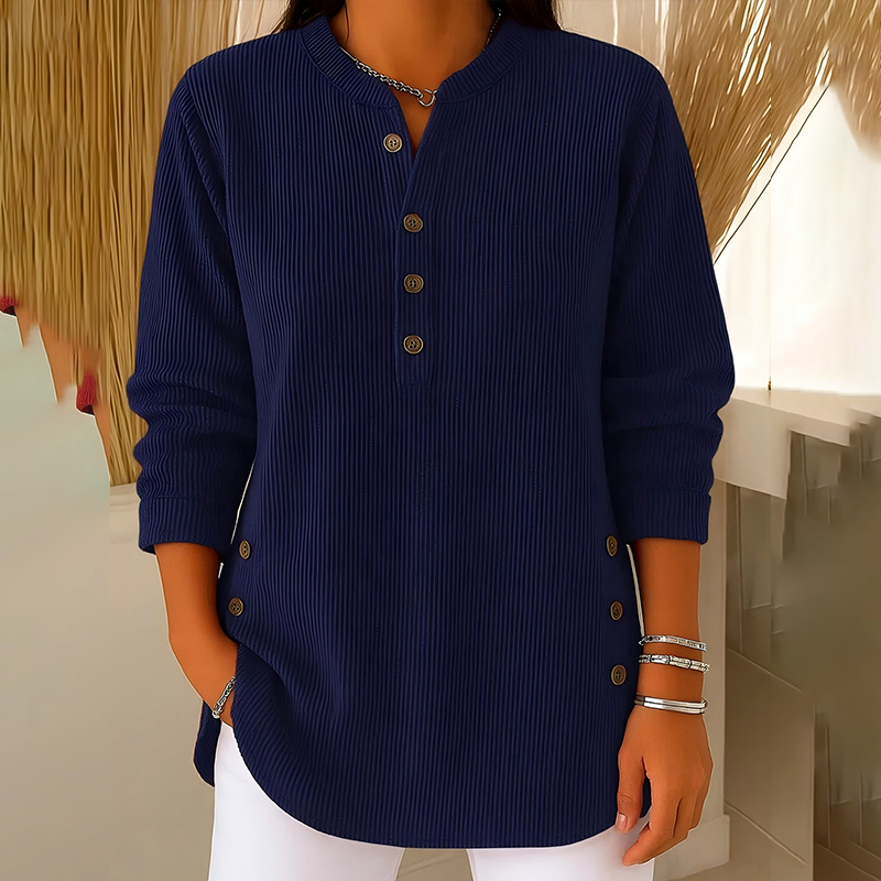 Haut henley femme en velours côtelé à boutons latéraux – Agathe - Bleu marine