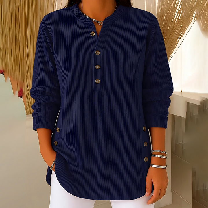 Haut henley femme en velours côtelé à boutons latéraux – Agathe - Bleu marine