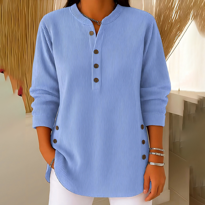 Haut henley femme en velours côtelé à boutons latéraux – Agathe - Bleu