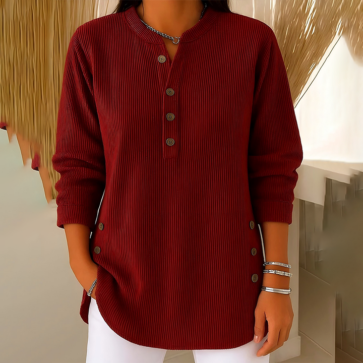 Haut henley femme en velours côtelé à boutons latéraux – Agathe - Rouge vin