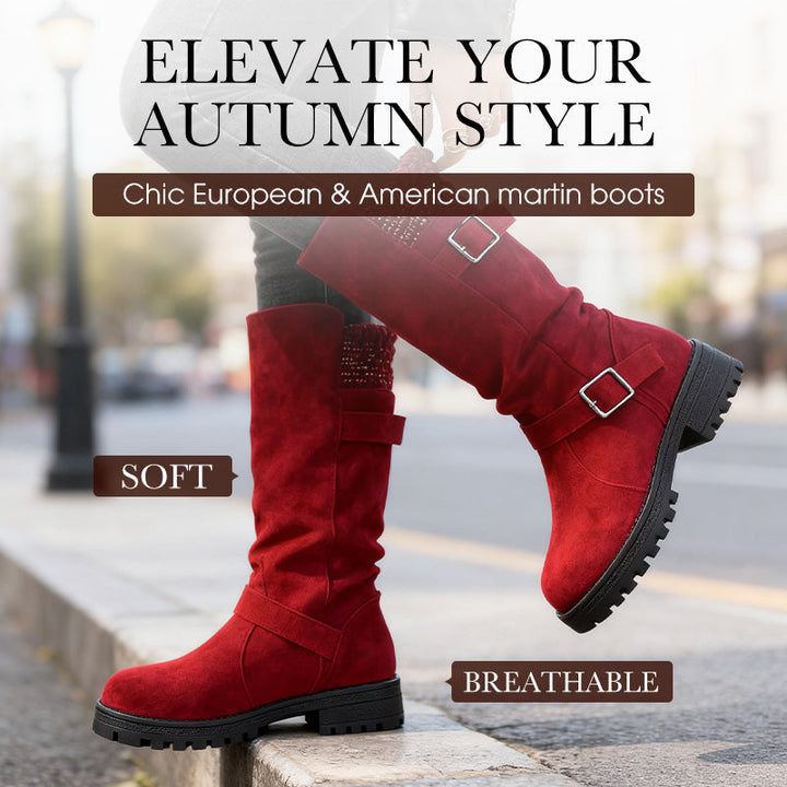 Bottes mi-mollet femme effet suédine à boucles et revers en maille – Margot - Rouge