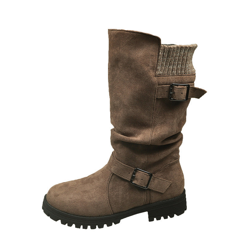 Bottes mi-mollet femme effet suédine à boucles et revers en maille – Margot - Kaki