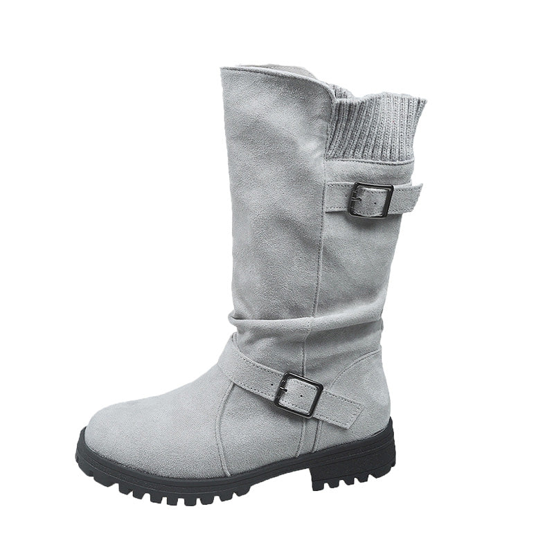 Bottes mi-mollet femme effet suédine à boucles et revers en maille – Margot - Gris