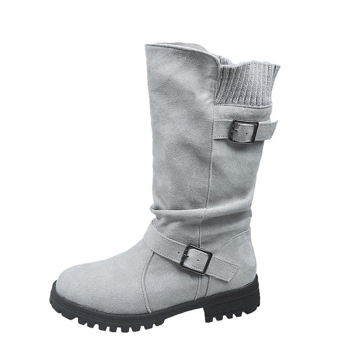Bottes mi-mollet femme effet suédine à boucles et revers en maille – Margot - Gris