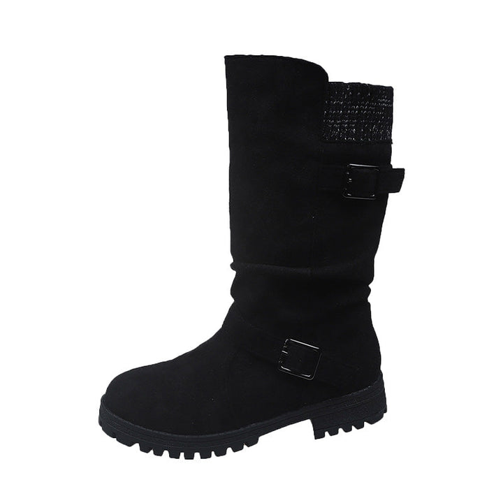 Bottes mi-mollet femme effet suédine à boucles et revers en maille – Margot - Noir