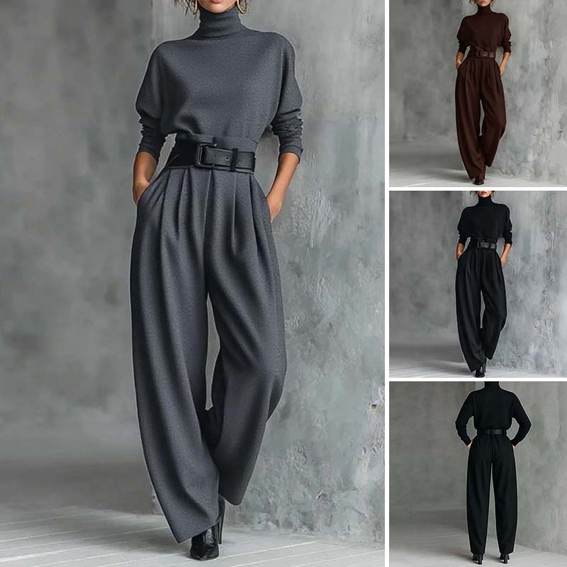 Ensemble femme pull col roulé et pantalon taille haute ceinturé – Clémence - vue 1