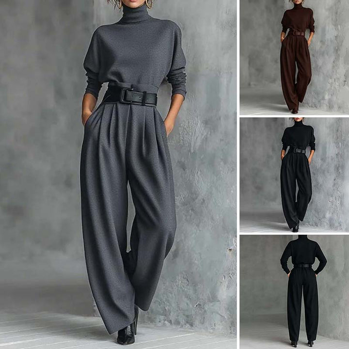 Ensemble femme pull col roulé et pantalon taille haute ceinturé – Clémence - vue 1