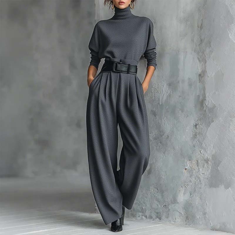 Ensemble femme pull col roulé et pantalon taille haute ceinturé – Clémence - Gris