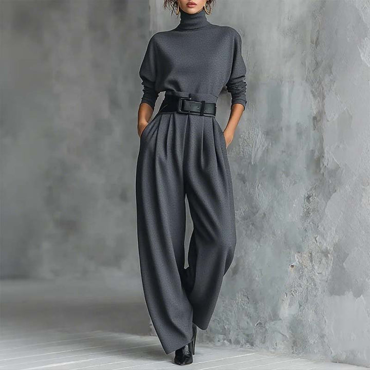Ensemble femme pull col roulé et pantalon taille haute ceinturé – Clémence - Gris