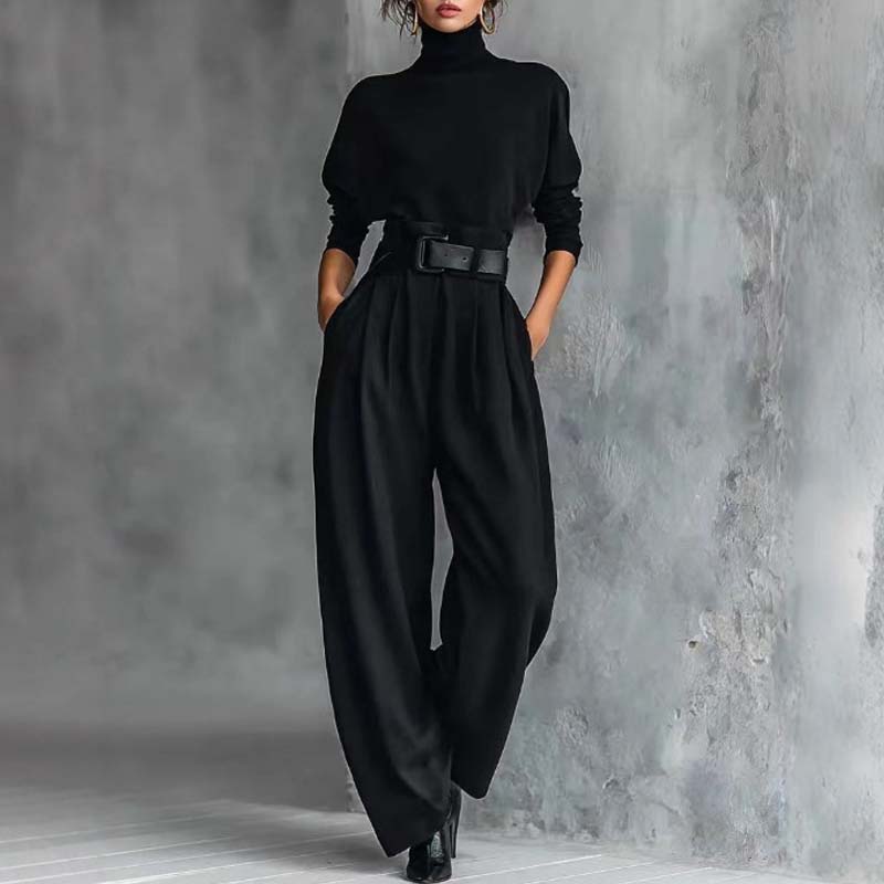 Ensemble femme pull col roulé et pantalon taille haute ceinturé – Clémence - Noir