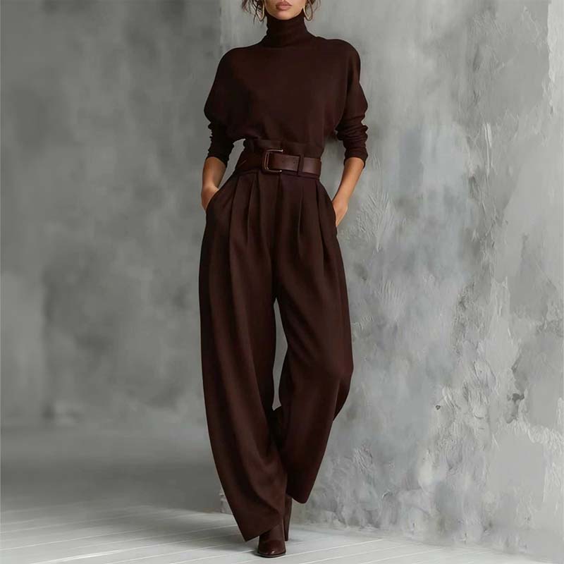 Ensemble femme pull col roulé et pantalon taille haute ceinturé – Clémence - Marron