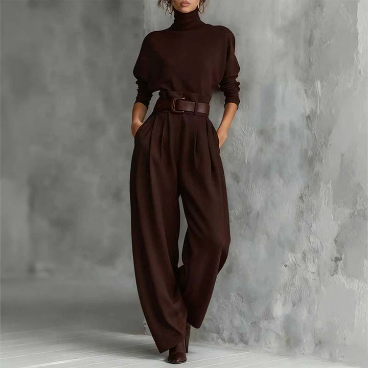 Ensemble femme pull col roulé et pantalon taille haute ceinturé – Clémence - Marron