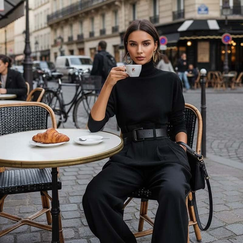 Ensemble femme pull col roulé et pantalon taille haute ceinturé – Clémence - vue 9