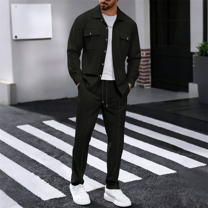 Ensemble homme surchemise et pantalon en maille gaufrée – Baptiste - Noir