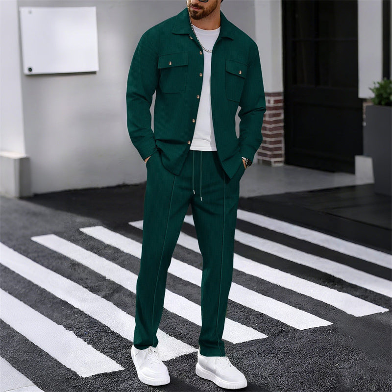 Ensemble homme surchemise et pantalon en maille gaufrée – Baptiste - Vert foncé