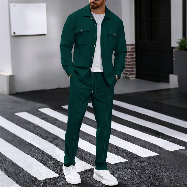 Ensemble homme surchemise et pantalon en maille gaufrée – Baptiste - Vert foncé
