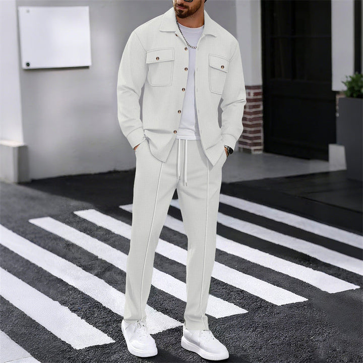 Ensemble homme surchemise et pantalon en maille gaufrée – Baptiste - Blanc