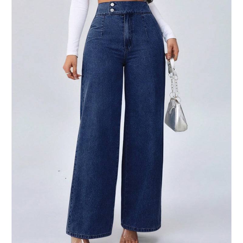 Jean large femme taille haute à double bouton – Anaïs - Bleu