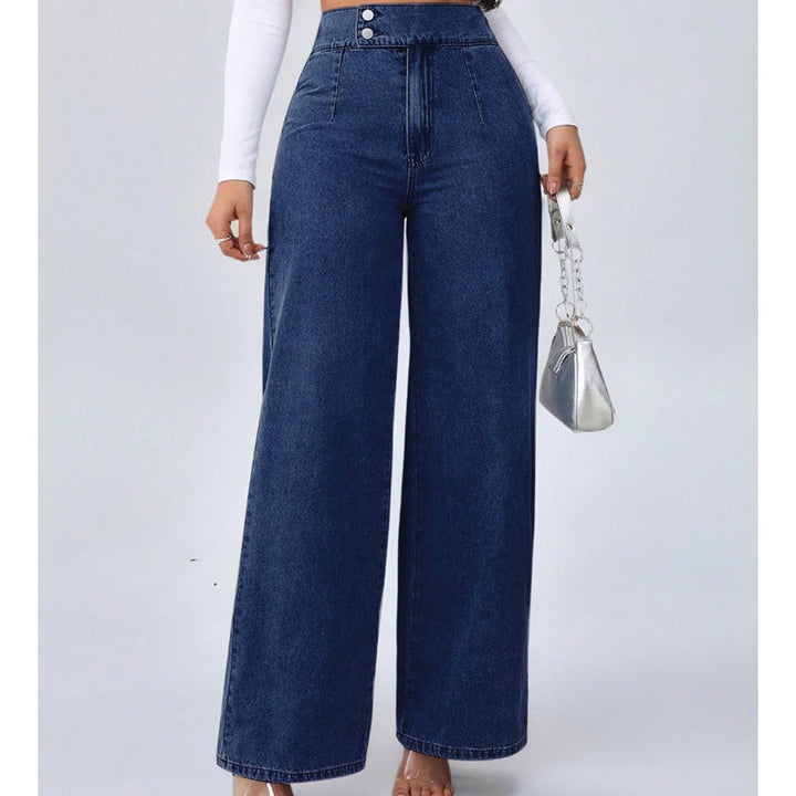 Jean large femme taille haute à double bouton – Anaïs - Bleu