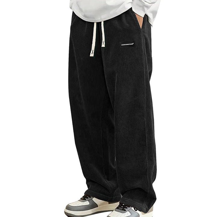 Pantalon large homme en velours côtelé à taille coulissante – Hugo - Noir