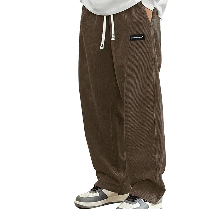 Pantalon large homme en velours côtelé à taille coulissante – Hugo - Marron foncé